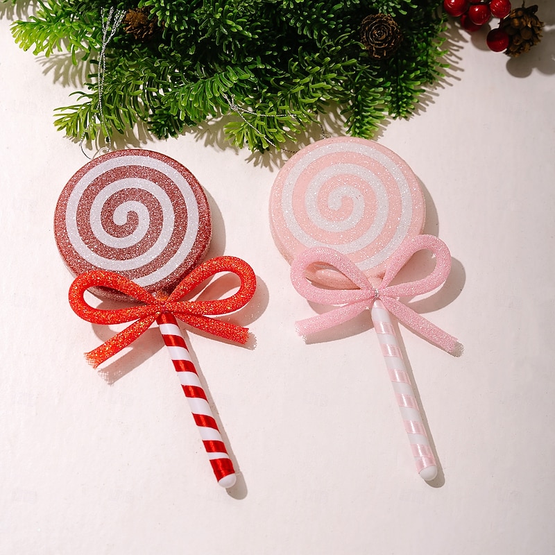 2Pcs Christmas Candy Cane Ornaments, Red Lollipop Hanging Decorations with Pink Bow, Artificial Candy for Xmas Tree, Colorful Candy Decor for Kids Gift2