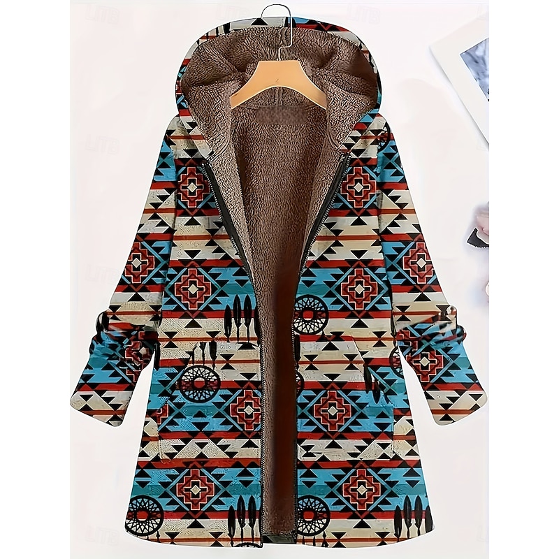 Women's Zip Up Hoodies Geometric Casual Long Sleeve Hooded Long Tops Street Going out Zipper Pocket Blue Brown Green Fall Winter