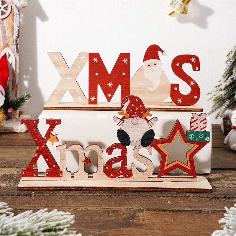 Christmas Wooden Letter Decorations, Cartoon Style Xmas Tabletop Signs, Festive Holiday Ornaments for Home Decor and Party Decoration