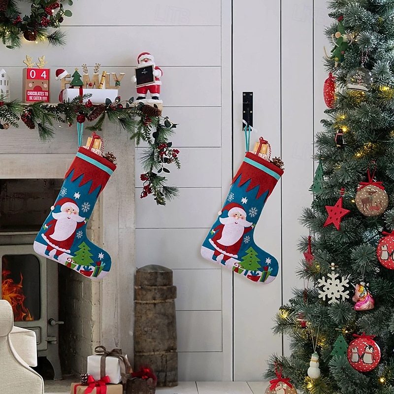 Christmas Stocking Creative Red and Blue Santa Design Nonwoven Fabric Holiday Sock Gift Bag for Christmas Presents Home Fireplace Festive Party Seasonal Decoration Accessory3