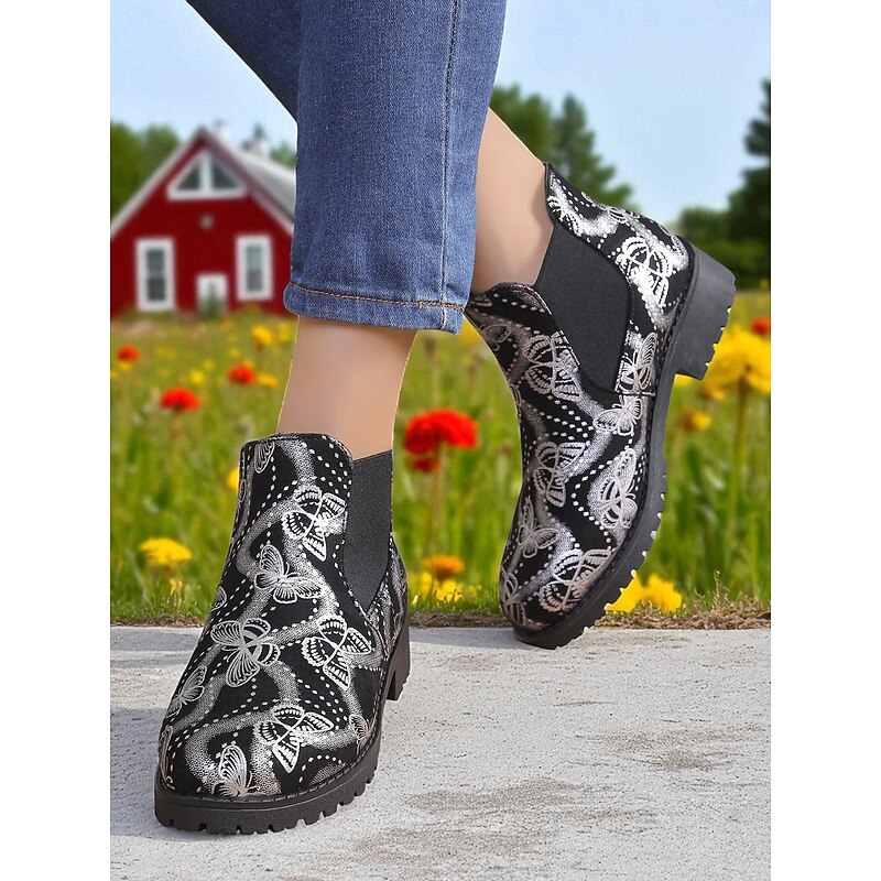 Women's Black Ankle Boots with Silver Butterfly Print – Casual Stylish Low Heel Chelsea Boots for Work, Shopping and Outdoor Wear3