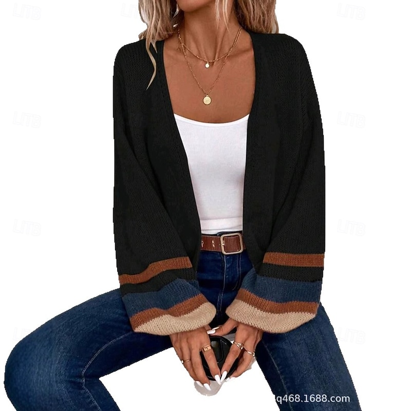 Women's Cardigan Elegant Vacation Vintage Open Front Stripe Drop Shoulder Long Sleeve Regular Tops Knit School Home Party Black khaki Fall Winter3