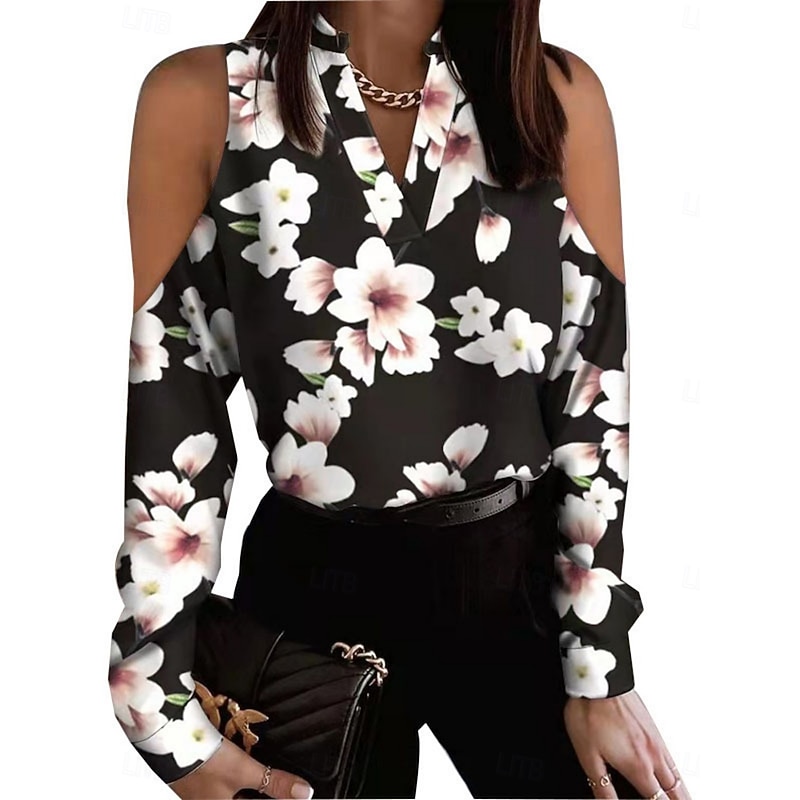 Women's Blouse Floral Stylish Casual Long Sleeve V Neck Regular Tops Daily Print Black And White Black White Pink Navy Blue Summer Spring Fall3