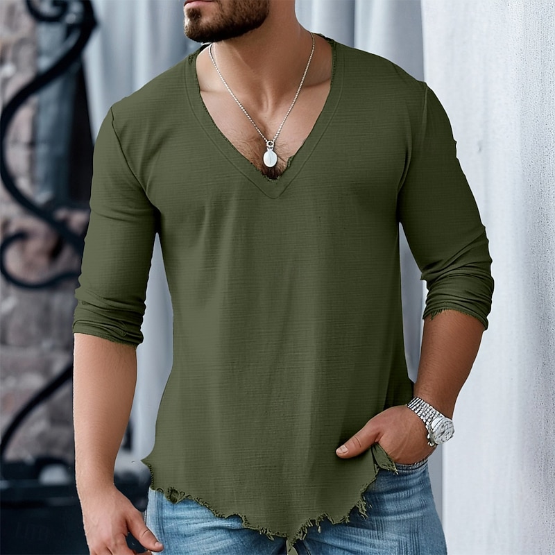 Men's Cotton Linen Shirt Tee Top Long Sleeve Shirt Long Sleeve V Neck Summer Spring Solid Color Daily Casual Trendy V Neck Outdoor Street Causal White Pink Burgundy Top Tee for Men