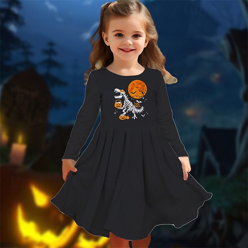 Halloween Girls' 3D Pumpkin Dinosaur Dress Long Sleeve Summer Spring Vacation Daily Holiday Princess Beautiful Sweet Kids 4-12 Years Casual Dress A Line Dress Knee-length Regular Fit