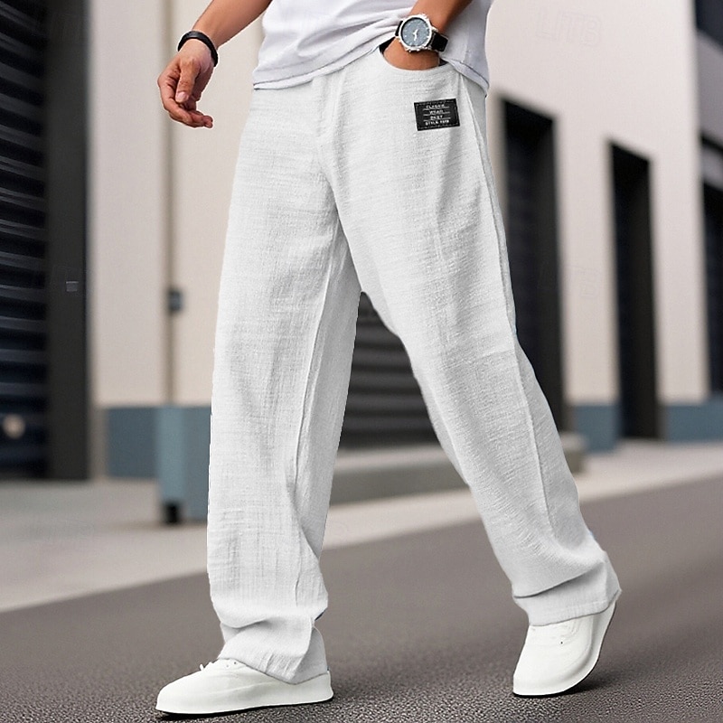 Men's Linen Pants Trousers Summer Pants Beach Pants Drawstring Embroidered Pocket Plain Comfort Breathable Vacation Daily Holiday Hawaiian Boho Black White