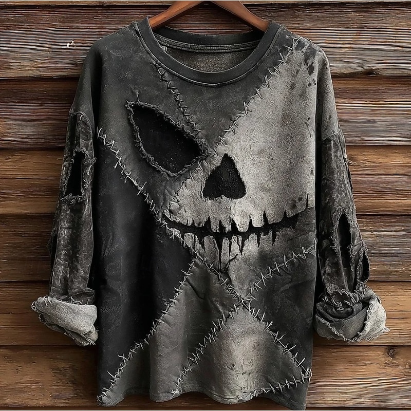 Halloween Women's T shirt Monster Long Sleeve Graphic Skull Vintage Fashion Stylish Long Sleeve Crew Neck Regular Tops Daily Weekend Print Dark Gray Spring Fall Prefall