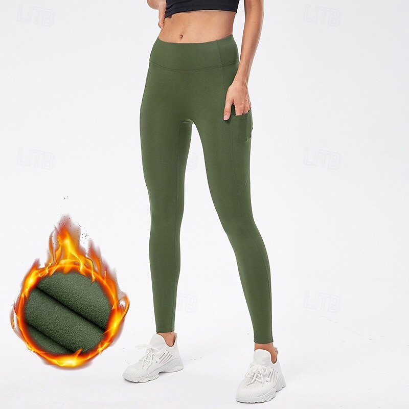 Women's Fleece Yoga Leggings Fleece Capris Leggings with Pockets Warm Gym Athletic Sports Bottoms Solid Color Black Army Green Burgundy Lycra Fall Sports Activewear4