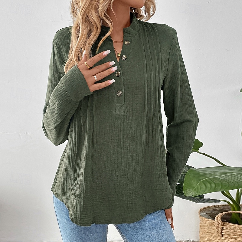 Women's  100% Cotton Shirt Solid Color Elegant Daily Ladies Long Sleeve V Neck High Neck Regular Tops Work Daily Holiday Ruched Army Green Spring Fall2