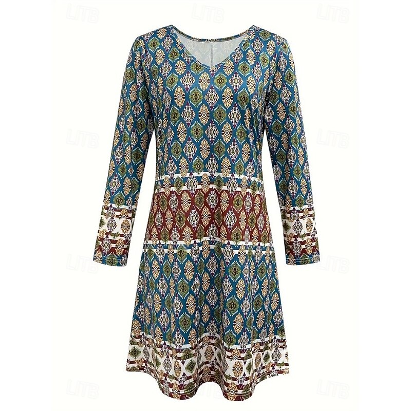 Women's Mini Dress Casual Dress Sundress A Line Dress Bohemia Vintage Stylish Beach Regular Fit Graphic Geometric Abstract Long Sleeve V Neck Green Summer Spring Fall3