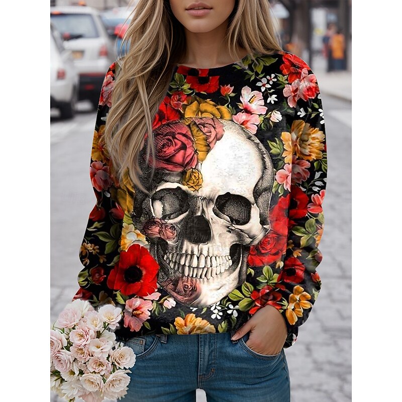 Halloween Women's Sweatshirts Skulls Graphic Casual Long Sleeve Crew Neck Regular Tops Street Casual Holiday Print Black Red Blue Purple Spring Fall Winter3
