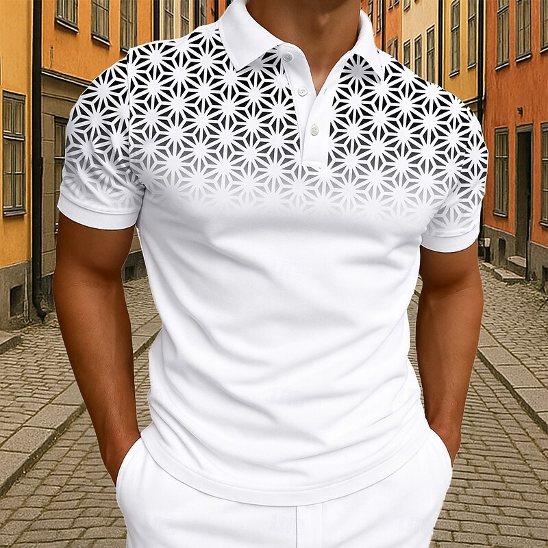 Men's Geometic Polo Short Sleeve Polo Shirts Collared Shirts Business Casual Athleisure Daily Wear 3D Print Buttons Summer Black White Pink