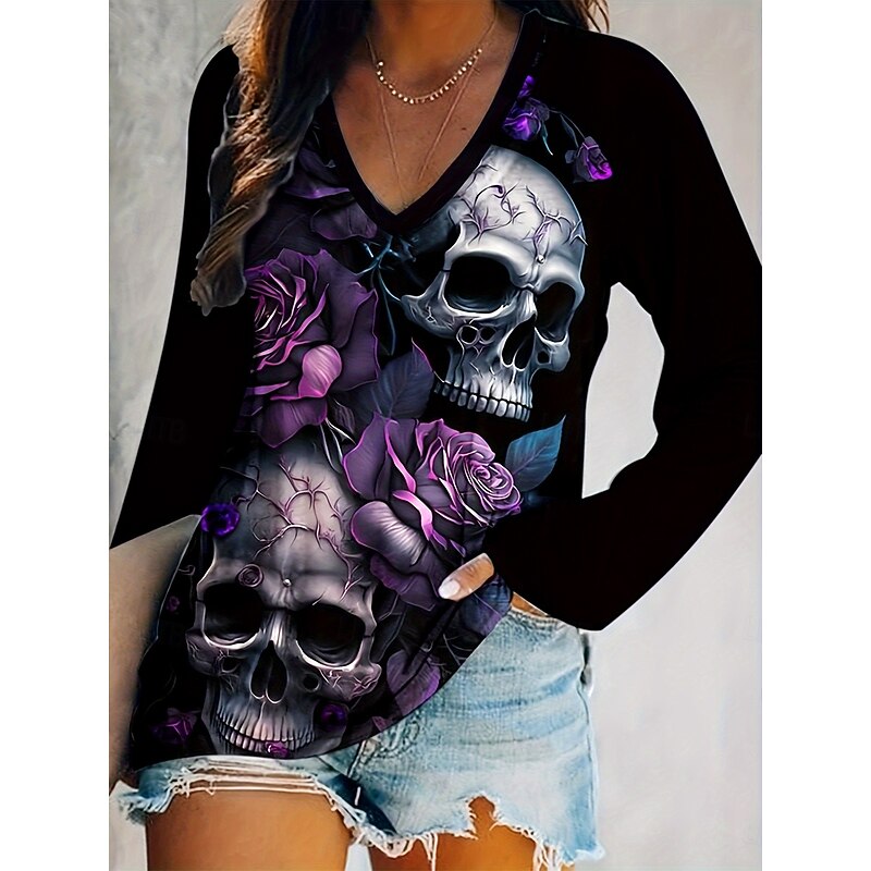 Halloween Women's T Shirt Skulls Floral Graphic Vintage Stylish Classic Long Sleeve V Neck Regular Tops Daily Print Purple Fall Winter