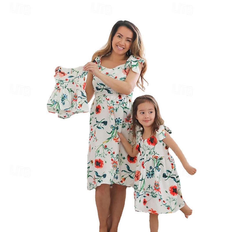 Mommy and Me Dresses Floral Street Print White Green Sleeveless Above Knee Strap Dress Adorable Matching Outfits