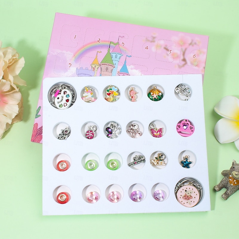 Christmas Advent Calendar Unicorn Bracelets 2025 for Girls, 24 Days Pink DIY Jewelry Making Kit with 22 Charm Beads and 2 Adjustable Bracelets, Xmas Countdown Gift for Kids Teens Women2