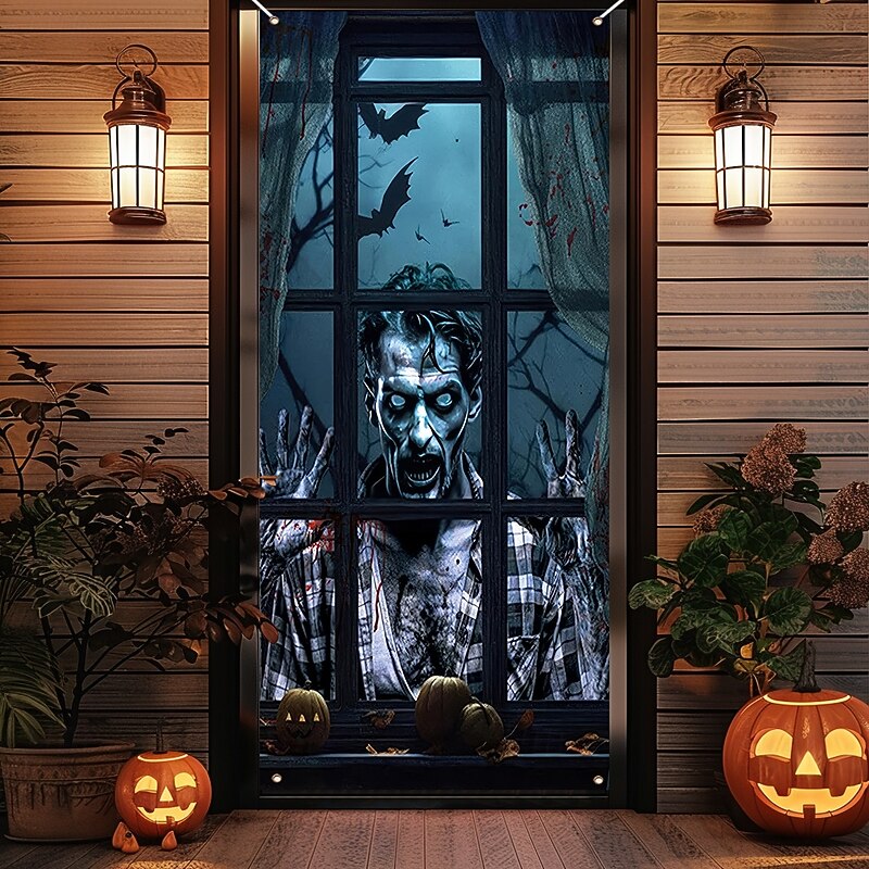Halloween Door Cover Outdoor Banners Zombies 3D Psychedelic Dark Punk Gothic Style Party Outdoor Shooting Backgrounds Front Door Wall Porch Home Decor3