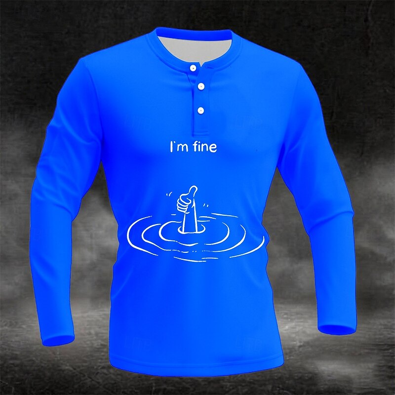 Men's Long Sleeve Henley Shirt: Sarcastic "I'm Fine" Drowning Thumbs Up Graphic Tee, Lifestyle Humor3