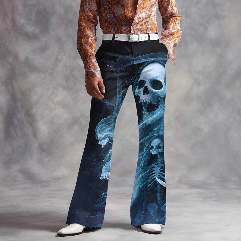 Halloween Men's Skull Smoke Halloween Costumes Disco Pants 60s 70s Bell Bottoms Mid Waist Dark Gothic Style Outdoor Holiday Side Pockets Flared Leg Pants Trousers Spring Fall 3D Print Purple Green