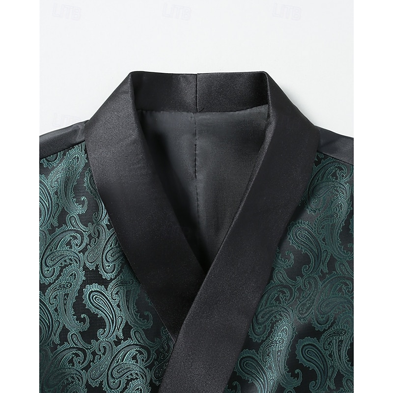 Men's Vest Waistcoat Gilet Vacation Party Business Fashion Casual Spring Fall Pocket Buttons Polyester Comfortable Paisley Single Breasted One-button Lapel Regular Fit Dark Green Vest4