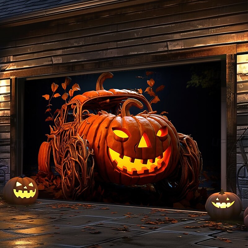 Halloween Garage Door Cover Large Hanging Backdrop Pumpkin Dark Punk Gothic Style Party Outdoor Shooting Backgrounds Front Door Home Decor3