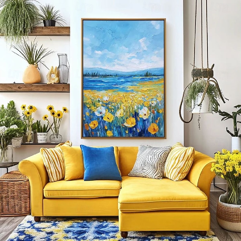 Handmade 3D Oil Painting Vibrant Floral Landscape with Sunlit Meadow Blooming Wildflowers and Mountain Lake Under Clear Blue Sky-High Quality Detailed Brushstrokes Create Realistic 3D Painting2