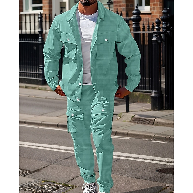 Men's Lightweight Jacket Cargo Jacket Casual Jacket Set Vacation Daily Breathable Jacquard Pocket Spring Fall Plain Fashion Classic Lapel Regular Black Light Green Khaki Light Blue Jacket2