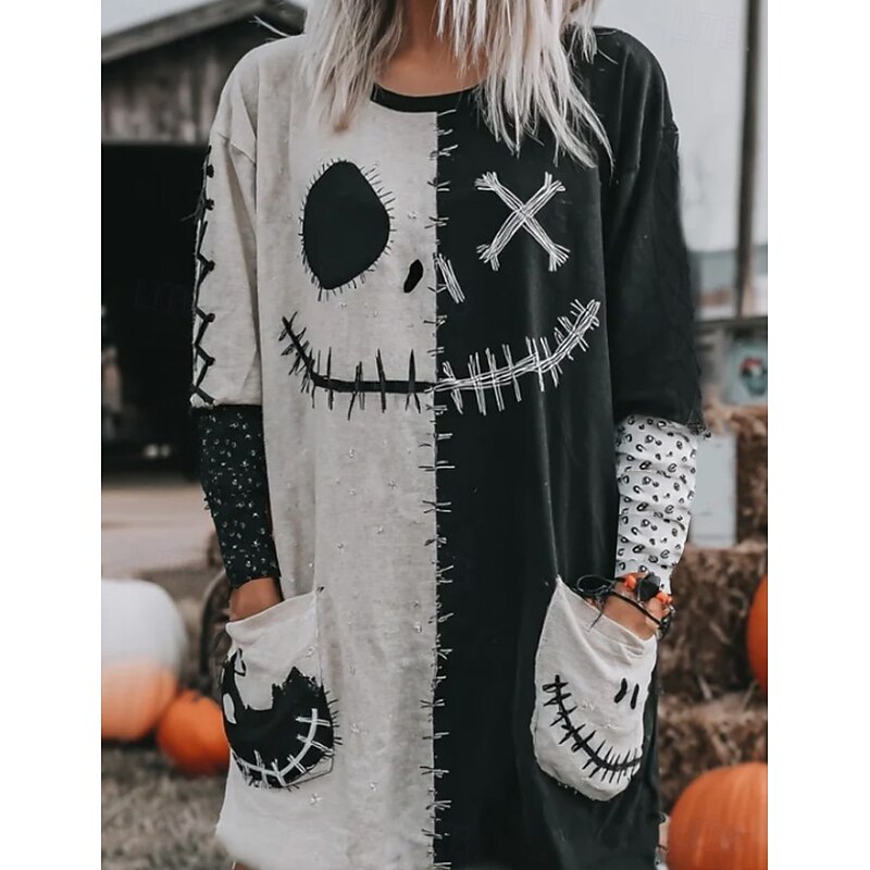 Halloween Women's T shirt Monster Long Sleeve Graphic Pumpkin Letter Vintage Stylish Long Sleeve Crew Neck Round Neck Long Tops Daily Going out Weekend Pocket Print Dark Gray Spring Fall Prefall2