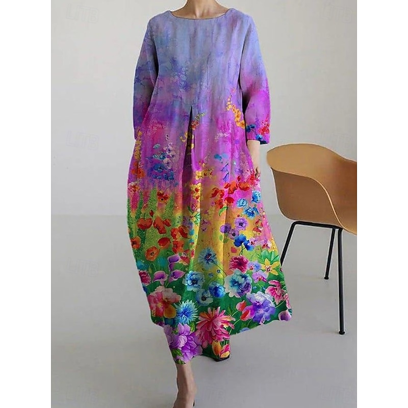 Women's Maxi Dress A Line Dress Fit And Flare Dress Party Birthday Casual Party Office Wedding Guest Loose Fit Floral Graphic Long Sleeve Crew Neck Yellow Red Purple Spring Fall Winter Autumn