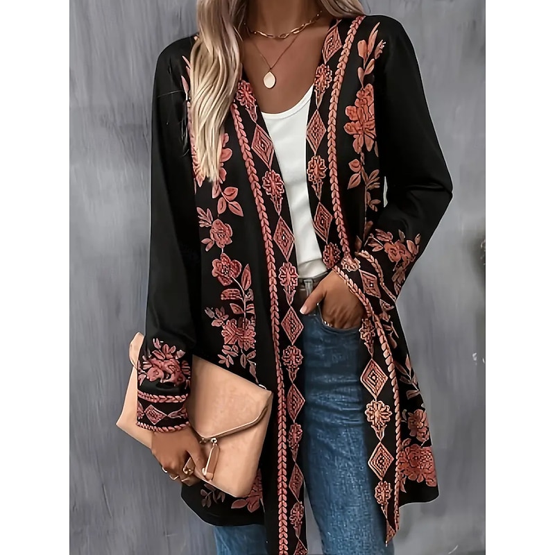 Women's Winter Coat Trench Coat Lightweight Comfortable Print Open Front Vintage Fashion Casual Floral Vacation Casual Long Collarless Regular Fit Long Sleeve Outerwear White Yellow Red Spring Fall3