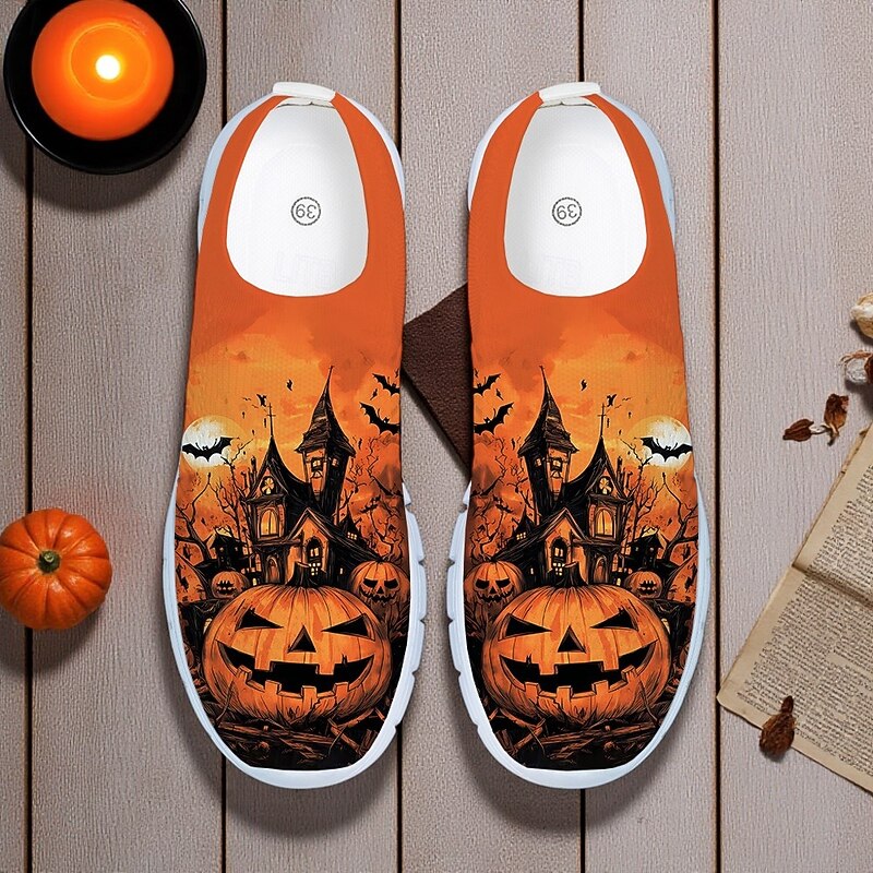 Men's Orange Flyknit Slip-On Sneakers with Haunted House Pumpkin Print – Casual Halloween Festival Shoes for Night Party, Cosplay and Outdoor Events2