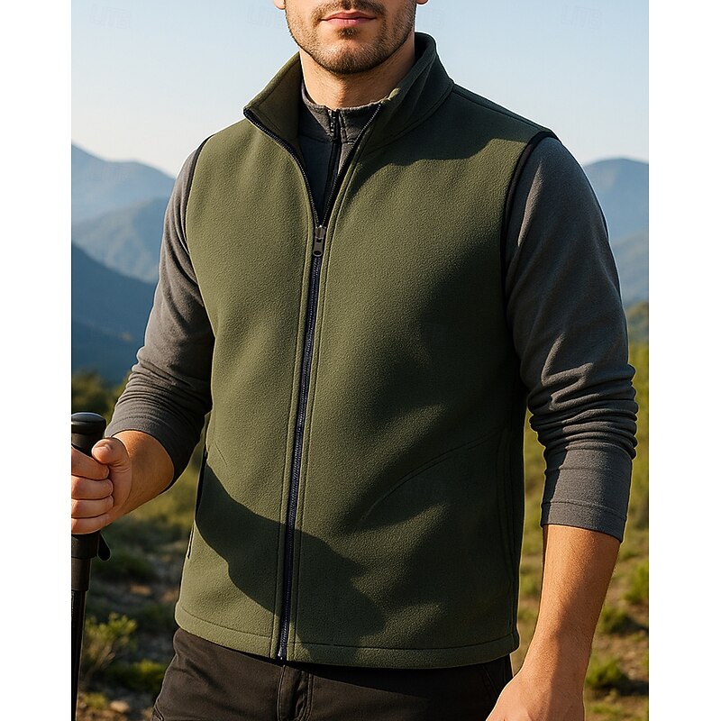 Men's Fleece Vest Sleeveless Vest Outdoor Thermal Warm Winter Full Zip Polyester Black Army Green Red Hunting Fishing Climbing