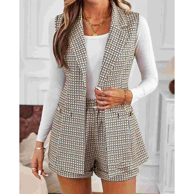 Women's Active Fashion Blouse Vest Shorts Sets Sleeveless Shirt Collar Houndstooth Vacation Holiday Khaki Fall Regular Fit