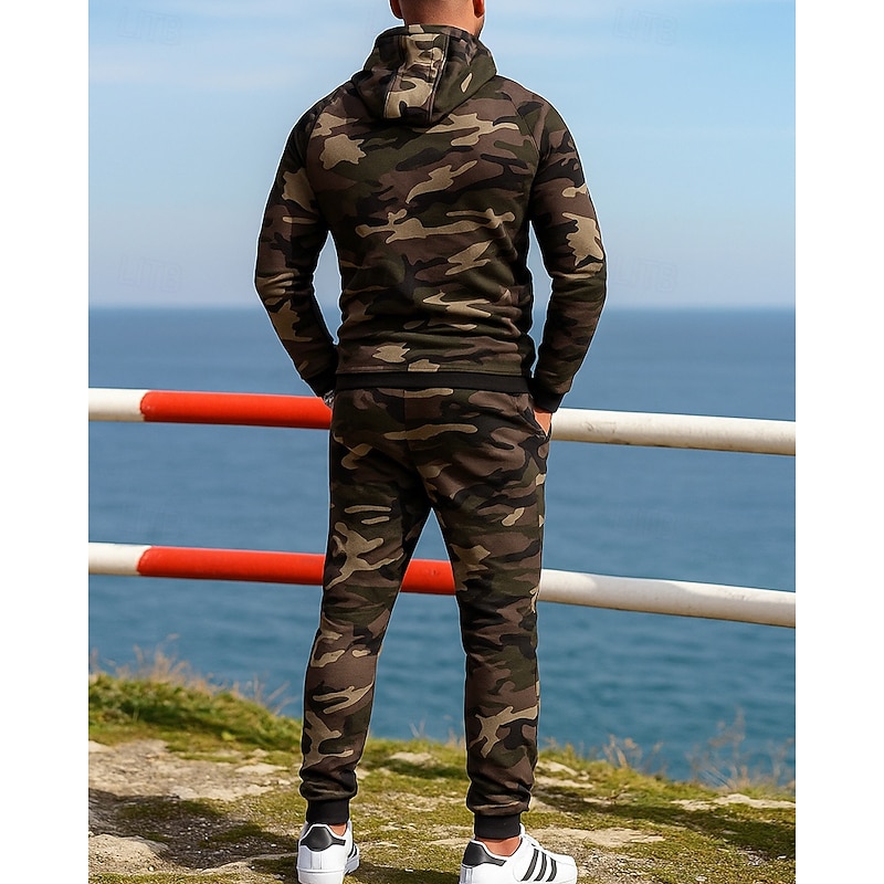 Men's Tracksuit Jogging Suit Sweatsuit Sets Zip Up Hooded Camouflage Clothing Suit Fall & Winter Dark Gray Light Grey Outdoor Travel Sports Long Sleeve Sport Activewear Micro-elastic Regular Fit2
