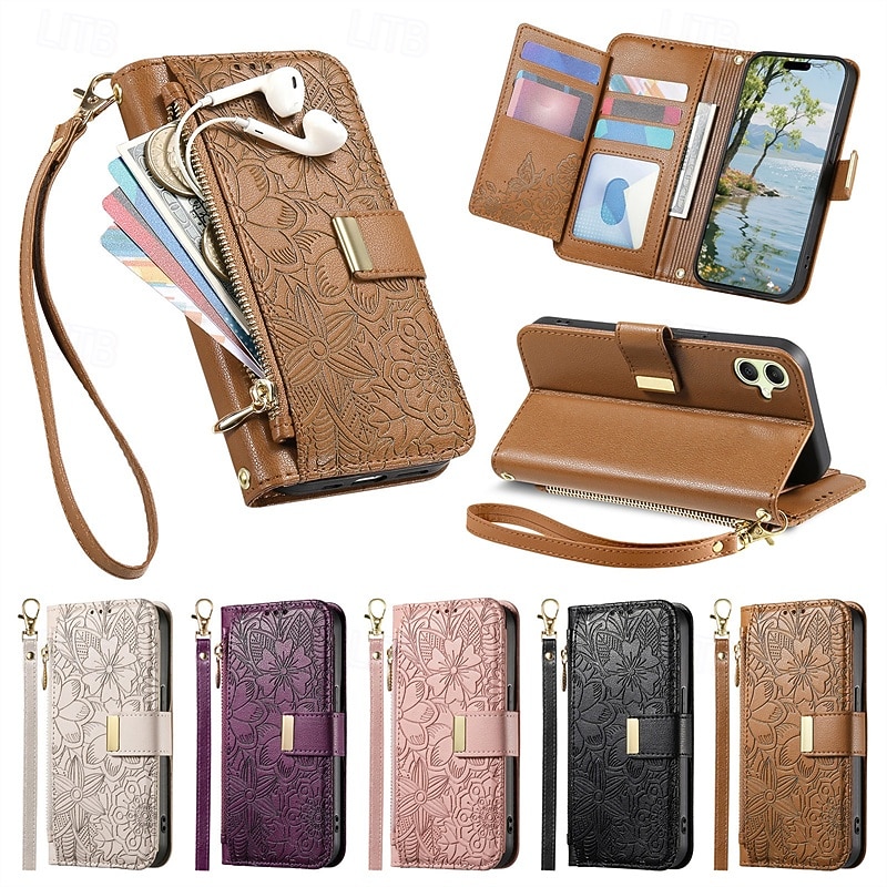 Phone Case For Samsung Galaxy S25 Plus S25 Ultra S24 Ultra Plus S24 FE A55 A35 A25 A15 5G Wallet Case Flip Cover Zipper with Lanyard with Wrist Strap Tree Flower Floral TPU PU Leather2