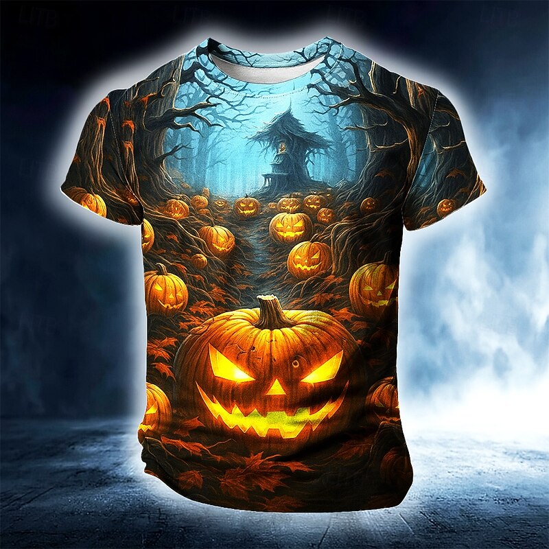 Halloween Men's Pumpkin 3D T Shirt Short Sleeve T shirt 3D Print Crew Neck Shirt Exaggerated Designer Horror Party Street Holiday Dark Blue#1 Summer Spring All Seasons Clothing Apparel S M L XL XXL