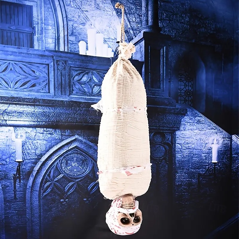 Halloween Hanging Mummy Decoration Prop - Horror Inverted with glowing red eyes fabric battery powered (excluding AA batteries) - Ideal for Horror Houses and Festival Decorations Festival Decorati4