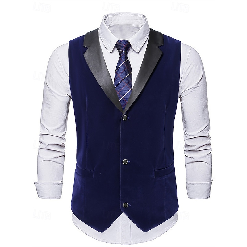 Men's Vest Waistcoat Gilet Vacation Party Business Fashion Casual Spring Fall Pocket Buttons Polyester Comfortable Plain Single Breasted One-button Lapel Regular Fit Blue Vest2