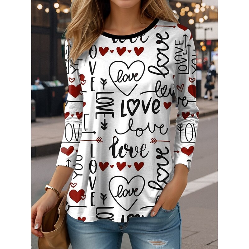 Women's T Shirt Graphic Letter Abstract Vintage Fashion Stylish Long Sleeve Crew Neck Regular Tops Daily Print Black White Red Spring Fall2