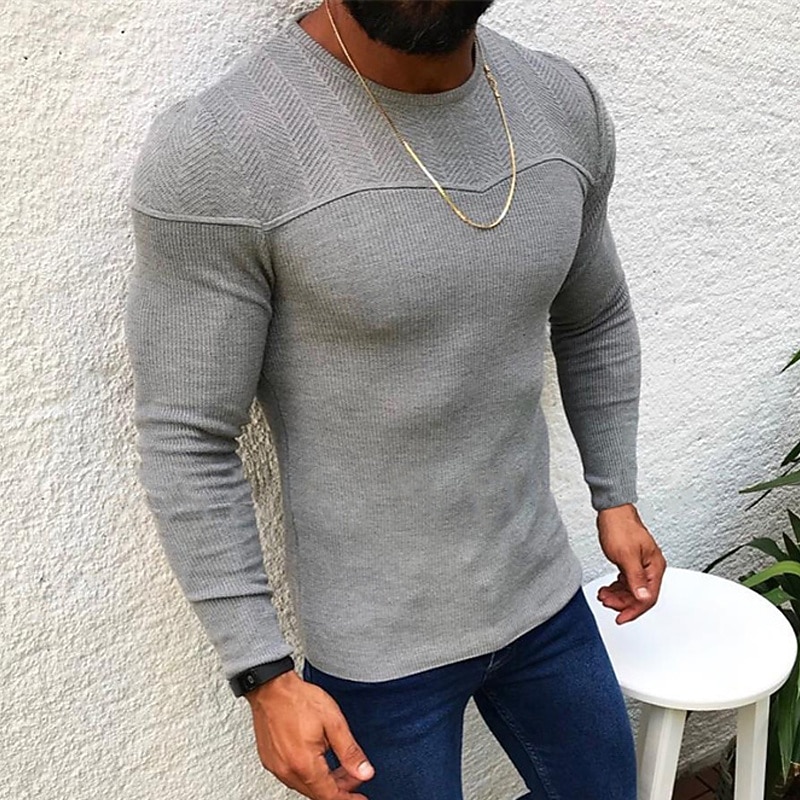 Men's Pullover Sweater Jumper Knit Sweater Ribbed Knit Regular Tops Knitted Plain Crew Neck Fashion Basic Vacation Daily Wear Clothing Apparel Fall Winter Black Gray S M L