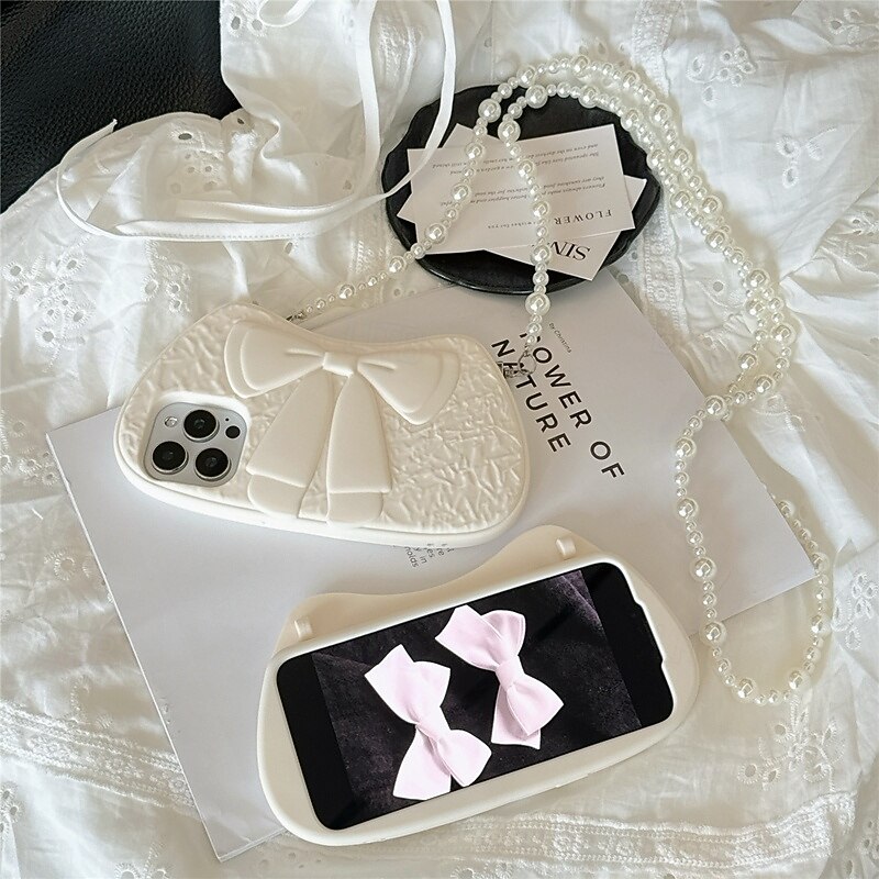 Phone Case For iPhone 16 Pro Max Plus 15 14 Pro Max Plus 13 Pro Max Back Cover with Lanyard Shockproof Bow tie Silicone - Main Image