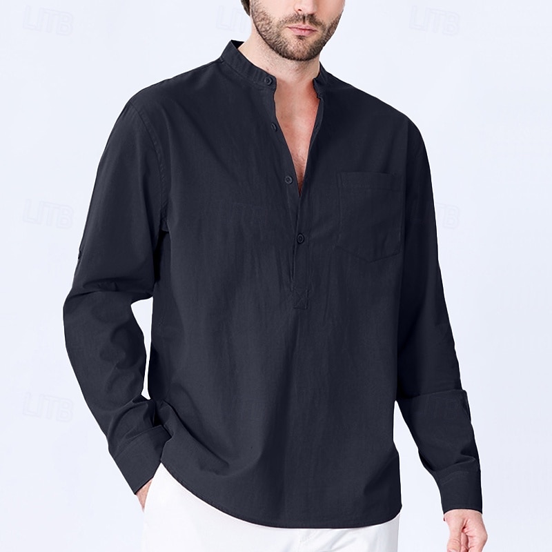 Men's Shirt Band Collar Shirt Popover Shirt Casual Shirt Black Red Green khaki Light Grey Long Sleeve Solid Color Henley Party Going out Front Pocket Clothing Apparel Fashion Sports & Outdoors4