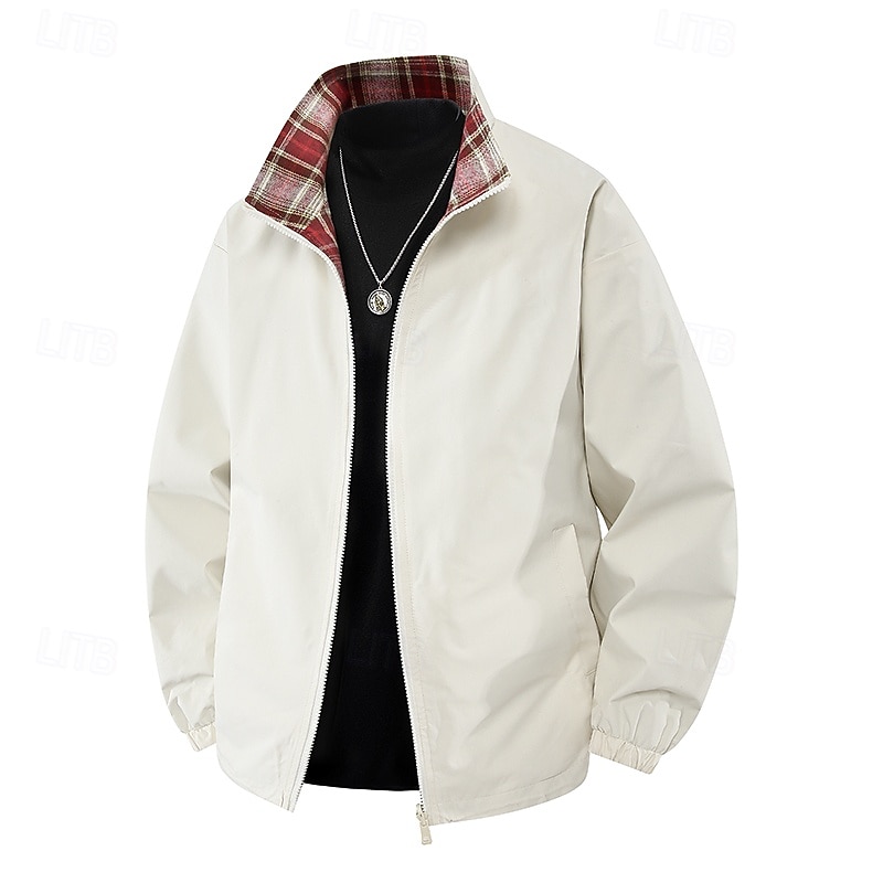 Men's Jacket Casual Jacket Outdoor Vacation Warm Zipper Pocket Fall Winter Plain Fashion Streetwear Standing Collar Regular Black Ivory Pink Light Blue Jacket