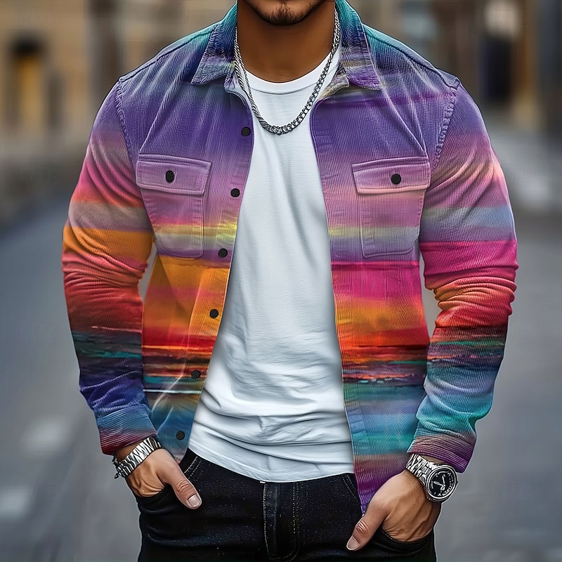 Men's Rainbow Color-blocking Corduroy Shirt Shirt Jacket Overshirt Long Sleeve Casual Outdoor Dailywear Fall Winter Turndown Button-Down Warm Jacket with Flap Pockets Yellow Orange Green