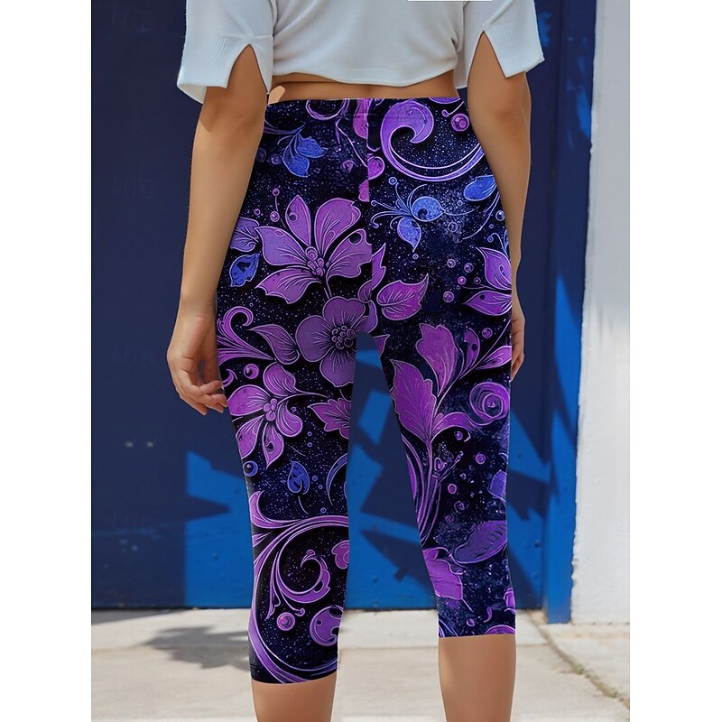 Women's Leggings Vacation Vintage Fashion Capris High Waist Floral Graphic Printing Soft Breathable Stretchy Formal Vacation Office White Purple Summer Spring Slim Fit2