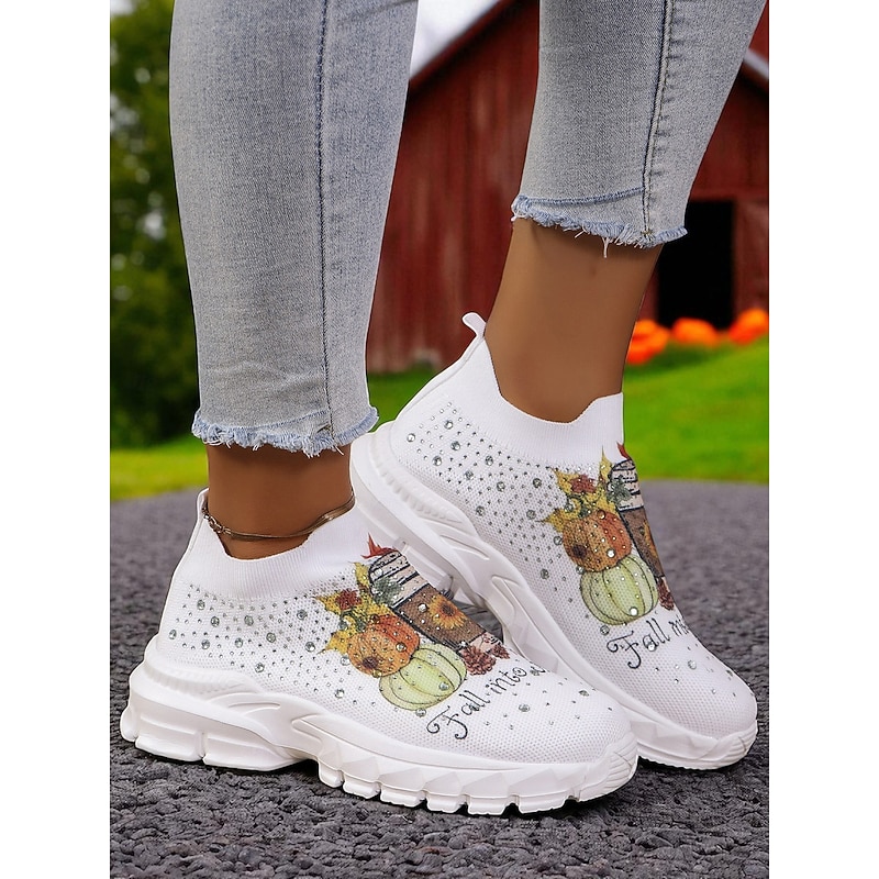 Women's Flyknit Slip-On Sneakers with Autumn Pumpkin Coffee Print – Lightweight Casual Fall Walking Shoes for Halloween & Harvest Festival3