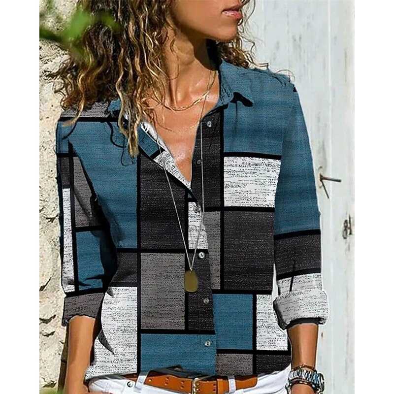 Women's Shirt Blouse Color Block Modern Casual Long Sleeve Shirt Collar Regular Tops Daily Holiday Buttons White and Blue Black Red Royal Blue Sky Blue Summer4