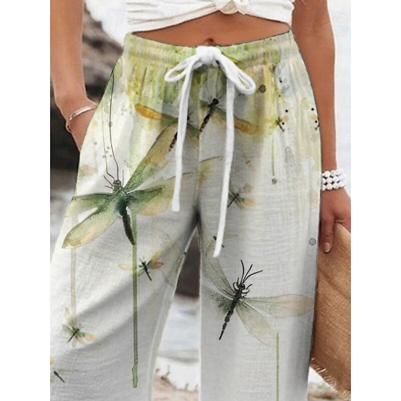 Women's Wide Leg Pants Trousers Vacation Casual Long High Waist Graphic Prints Elastic Waist Printing High Cut Breathability Soft Micro-elastic Vacation Street Daily Wear Green Gray Spring Fall3