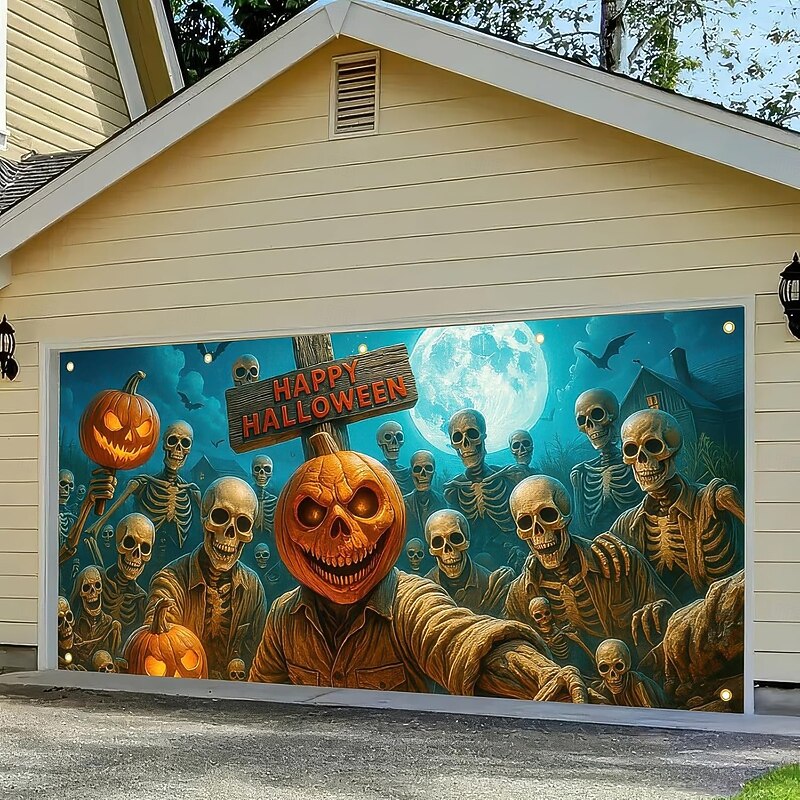 Halloween Tapestry Garage Door Cover Large Hanging Backdrop Pumpkin Ghost Dark Punk Gothic Style Party Outdoor Shooting Backgrounds Yard Haunted House Home Decor2