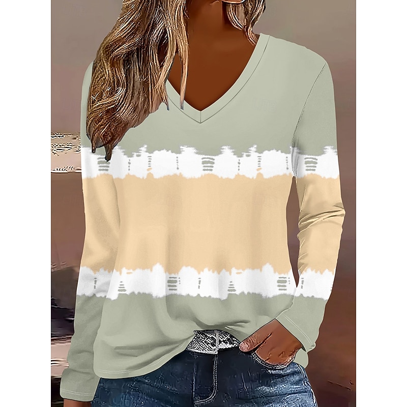 Women's T Shirt Ombre Graphic Striped Vintage Stylish Classic Long Sleeve V Neck Regular Tops Daily Print Light Green Spring Fall Winter