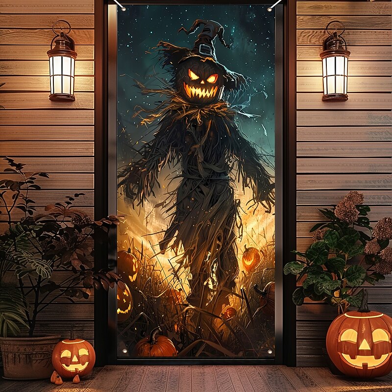 Halloween Door Cover Outdoor Banners Skeleton Scarecrow Psychedelic Dark Punk Gothic Style Party Outdoor Shooting Backgrounds Front Door Wall Porch Home Decor3